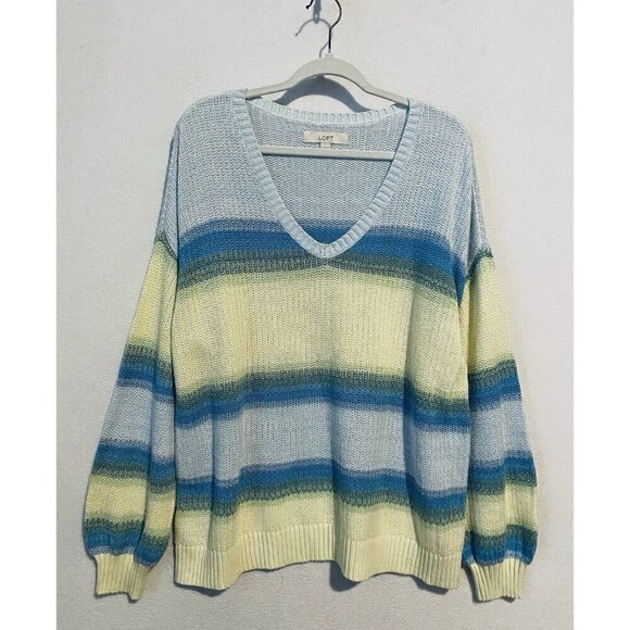 LOFT Sweater Womens XL Ombre Striped V Neck Long Sleeve Cotton Blend Beachy Boho - Picture 2 of 8